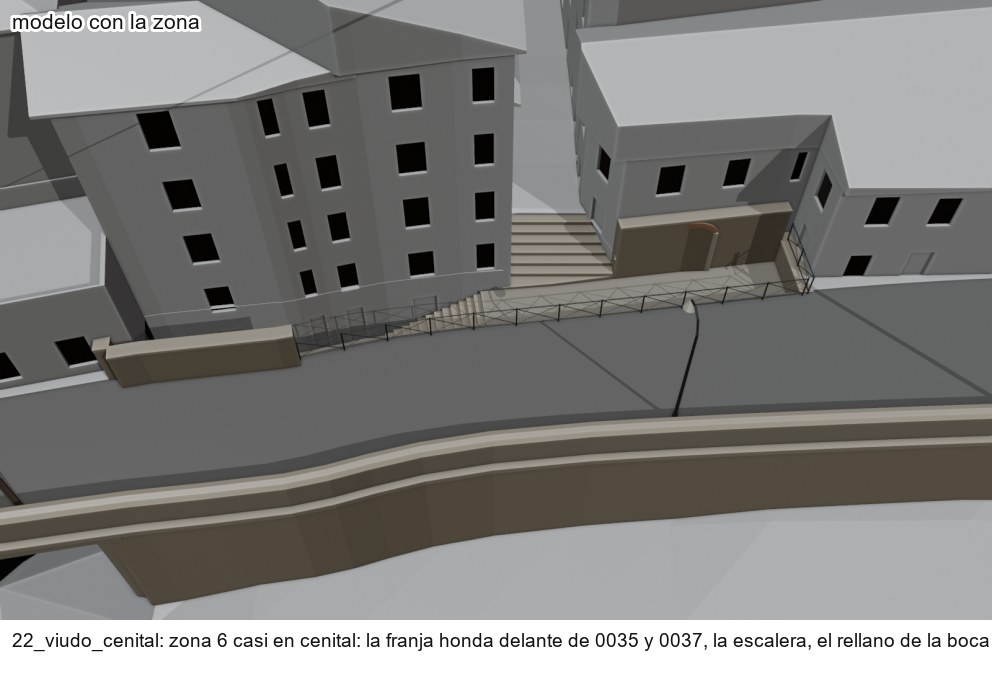 Vista quasi zenital del model en grisos: la franja baixa davant de dues cases altes del Carrer del Viudo, amb la seua escala i la seua barana, al costat de la carretera de Lo Muro