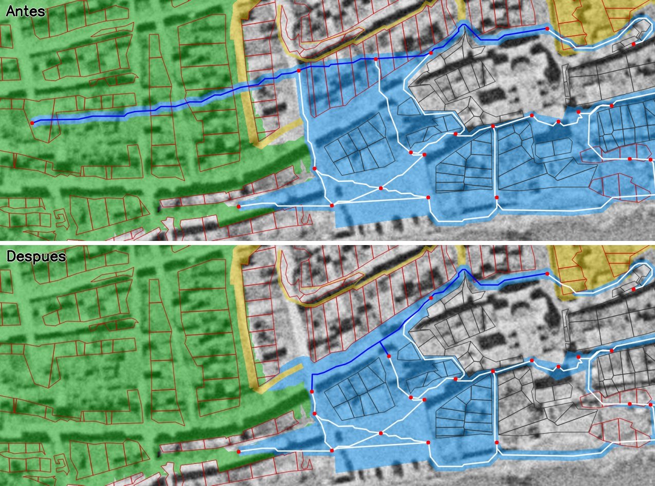 Dos plànols de treball sobre la foto aèria, abans i després: l'eix del Carrer Saragossa en blau i l'empedrat del centre en blau clar, entre les illes