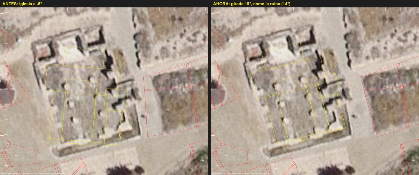 Dues vistes en planta de la ruïna de l'església a l'ortofoto actual, amb el contorn del model a sobre: abans, girat; després, damunt dels murs