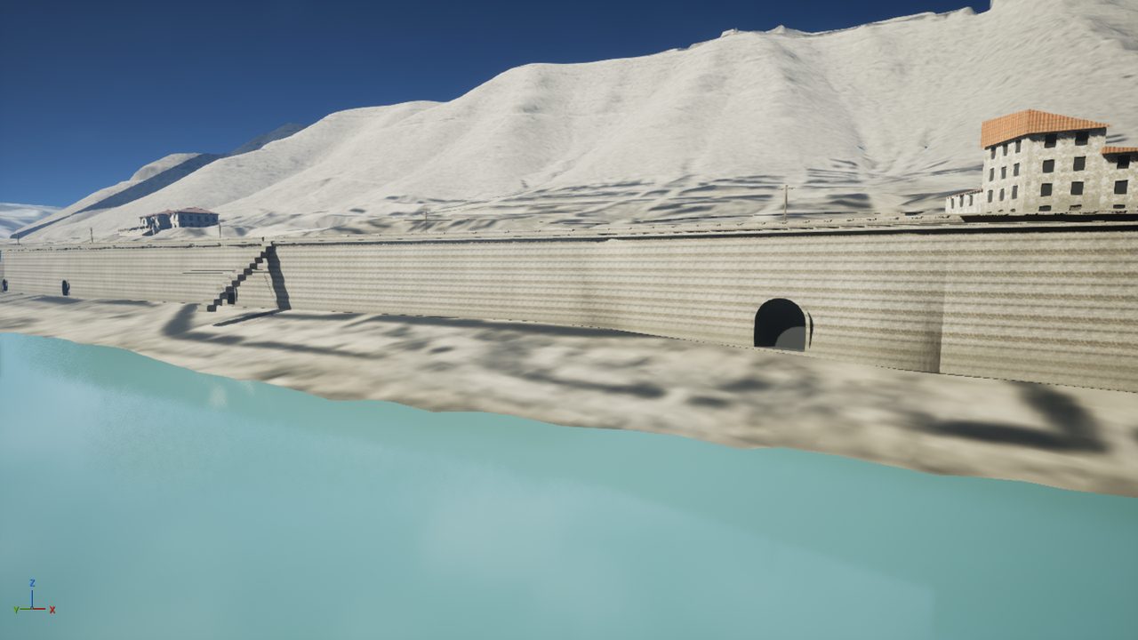 Lo Muro vist des del riu al model: el parament de pedra, la baixada a la platja i una de les boques de desguàs