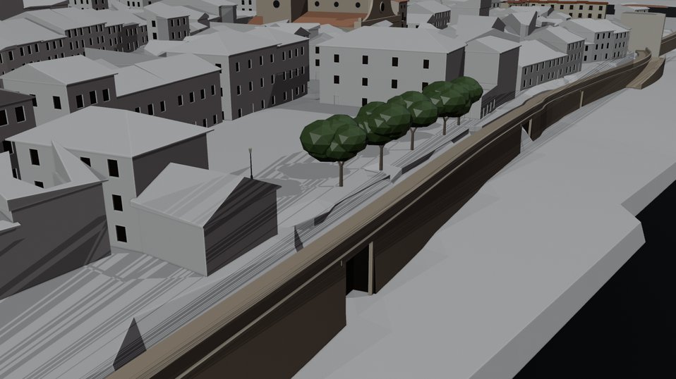 Vista del model en grisos des del riu: Lo Muro amb una boca, el passeig al damunt i la Plaça d'Armes amb els seus arbres al darrere