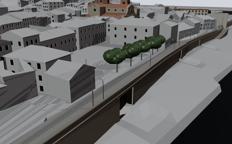 Lo Muro al model, en grisos, amb la carretera al damunt, l'ampit, els fanals i els arbres de la plaça