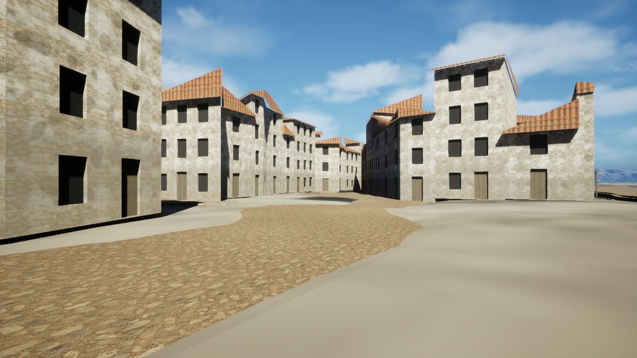 La Plaça d'Armes a peu de carrer amb els primers materials: façanes de pedra i calç, teulades de teula i sòl empedrat
