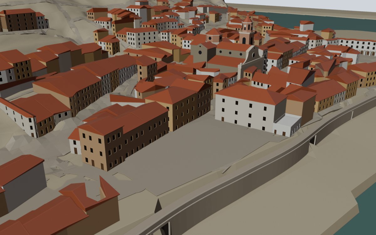 La Plaça d'Armes casa per casa al model, vista des del sud-oest damunt del riu, amb teulades de teula