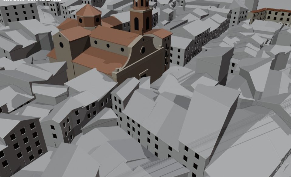La placeta de l'església en volums grisos, amb l'església en color