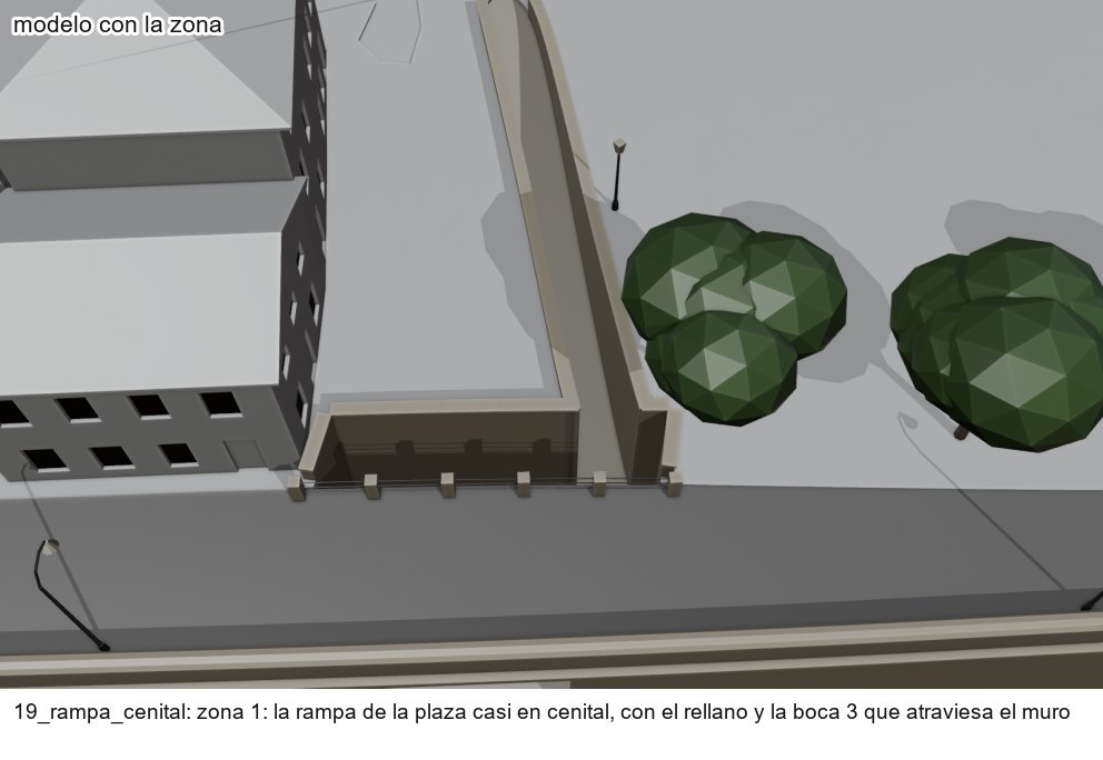 Vista quasi zenital del model en grisos: la rampa de la Plaça d'Armes al costat de Lo Muro, amb el seu muret i els arbres de la plaça