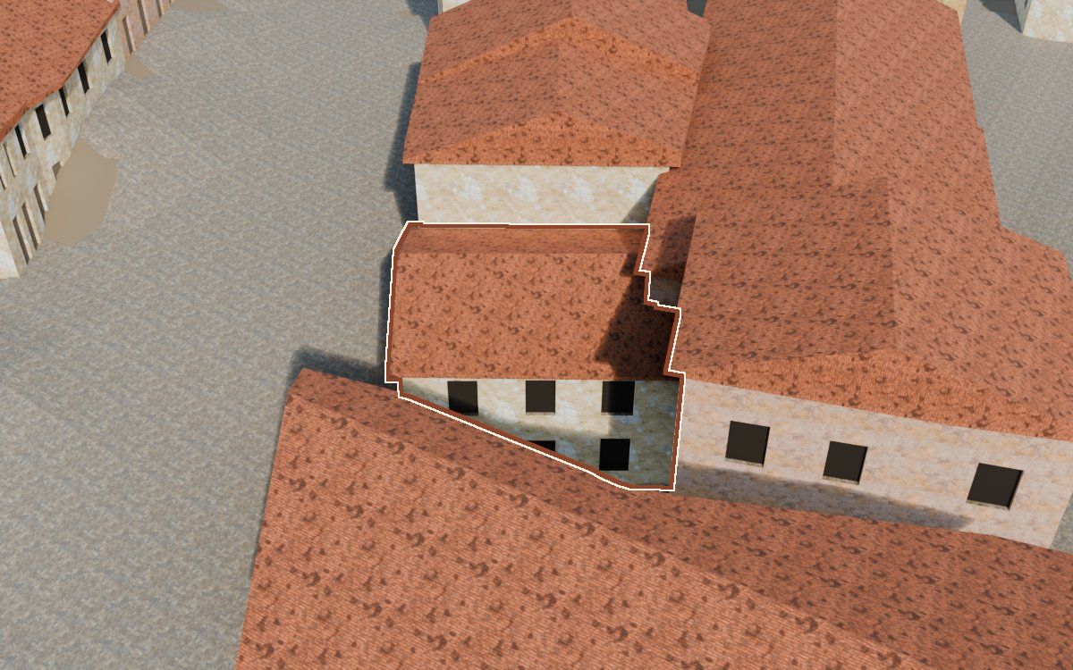 Casa del Carrer Sant Gaetano a la reconstrucció 3D, vista des del seu carrer, amb el contorn marcat de color teula entre les cases del voltant