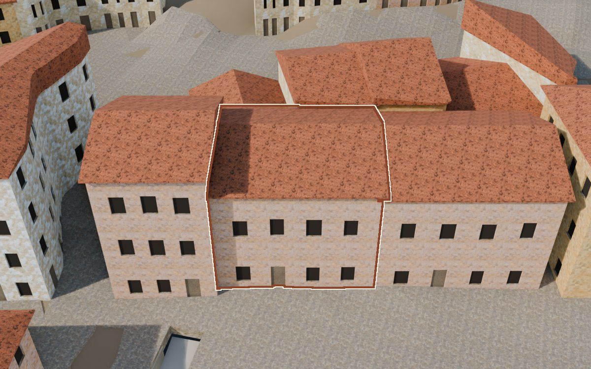 Casa de la galería a la reconstrucció 3D, vista des del seu carrer, amb el contorn marcat de color teula entre les cases del voltant
