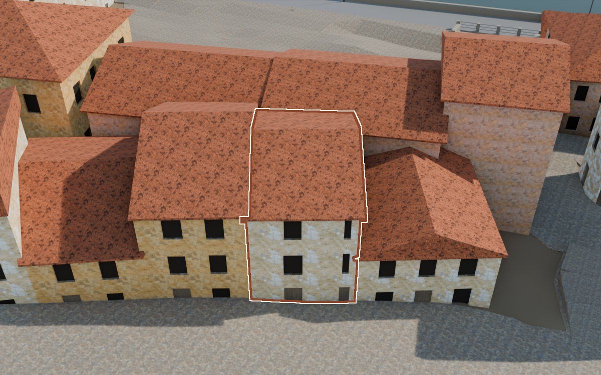 Casa del Carrer Saragossa a la reconstrucció 3D, vista des del seu carrer, amb el contorn marcat de color teula entre les cases del voltant