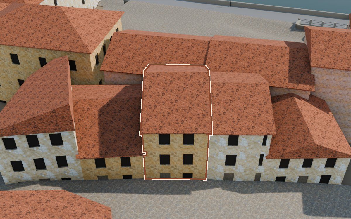 Casa del Carrer Saragossa a la reconstrucció 3D, vista des del seu carrer, amb el contorn marcat de color teula entre les cases del voltant
