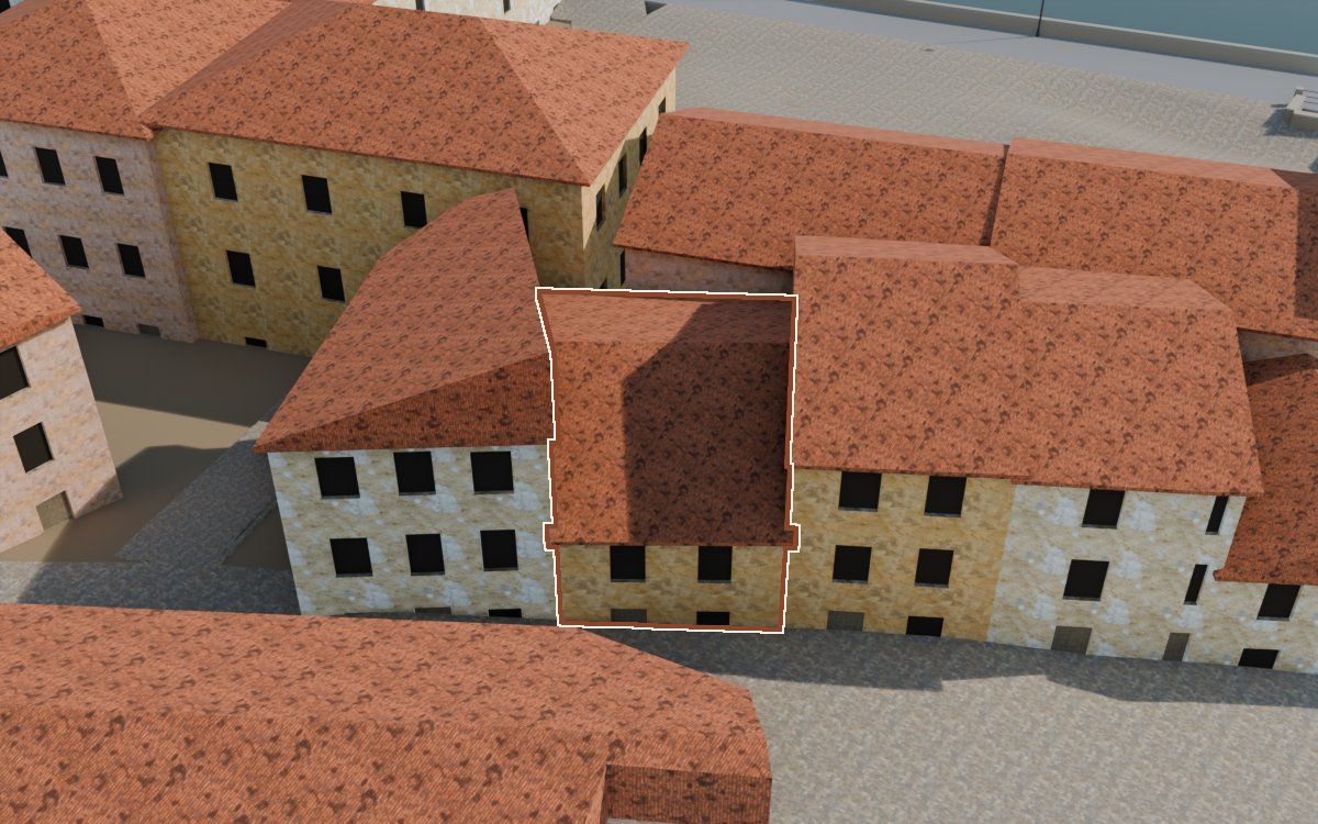 Casa del Carrer Saragossa a la reconstrucció 3D, vista des del seu carrer, amb el contorn marcat de color teula entre les cases del voltant