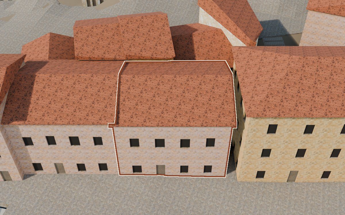 Casa de los óculos a la reconstrucció 3D, vista des del costat on millor es veu, amb el contorn marcat de color teula entre les cases del voltant