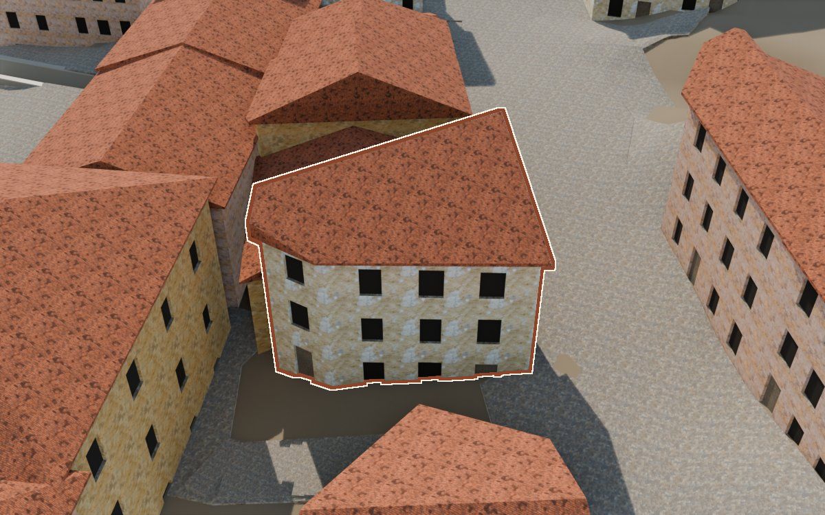 Casa del Carreró del Forn a la reconstrucció 3D, vista des del seu carrer, amb el contorn marcat de color teula entre les cases del voltant