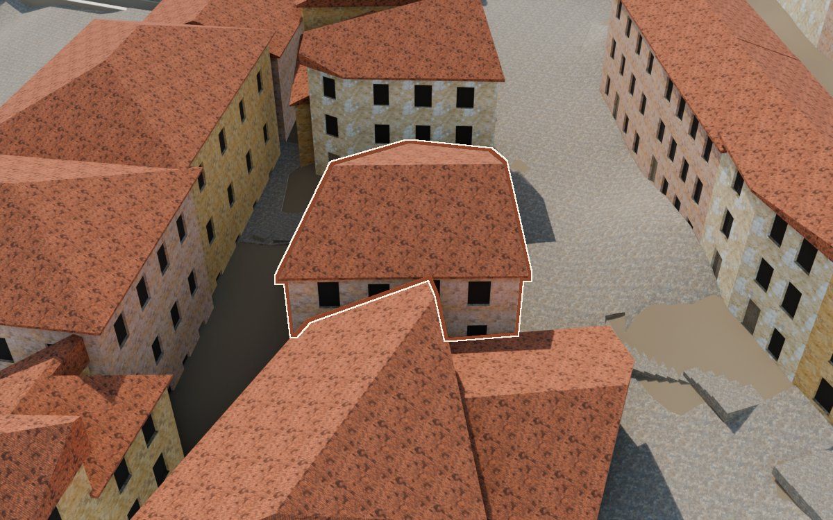 Casa de la Costereta del Forn a la reconstrucció 3D, vista des del seu carrer, amb el contorn marcat de color teula entre les cases del voltant