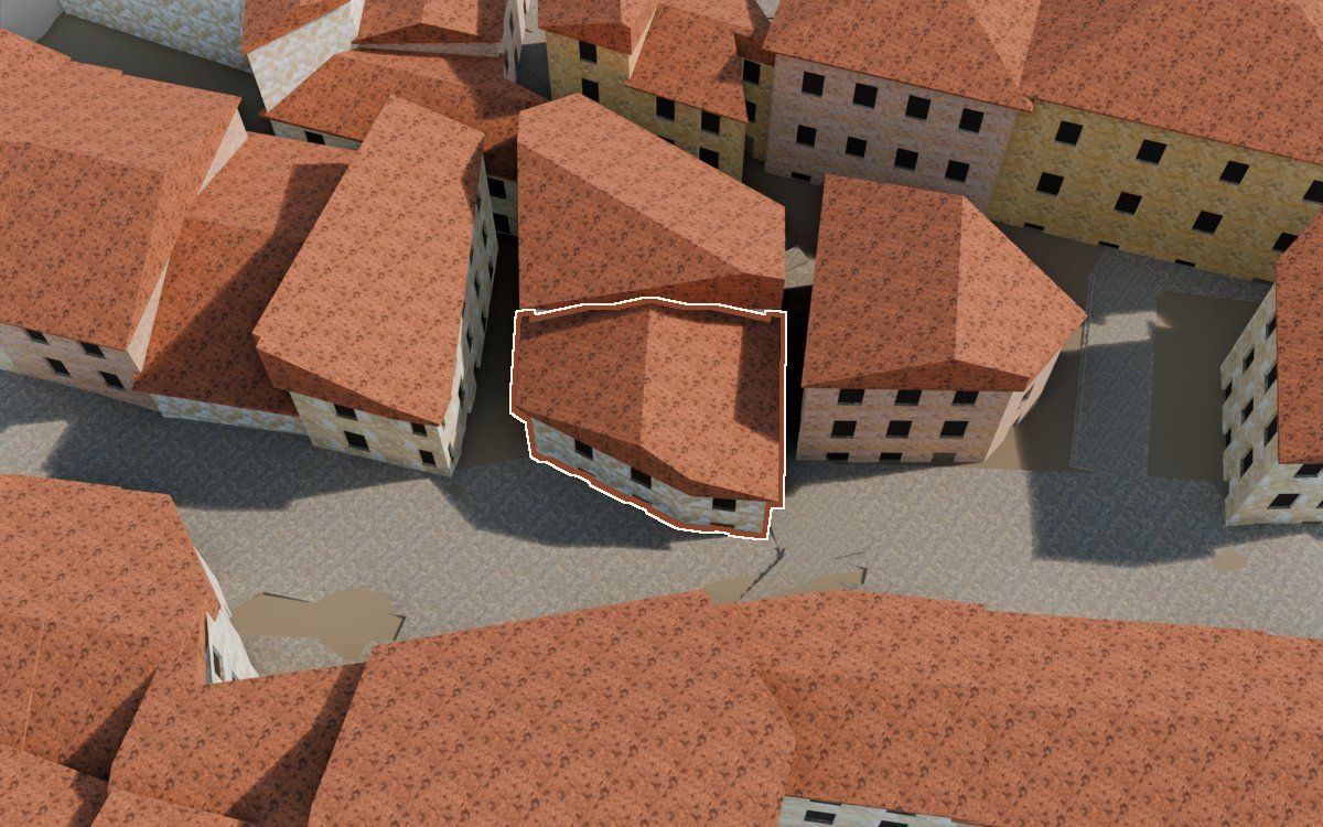 Casa de la Costereta del Forn a la reconstrucció 3D, vista des del costat on millor es veu, amb el contorn marcat de color teula entre les cases del voltant