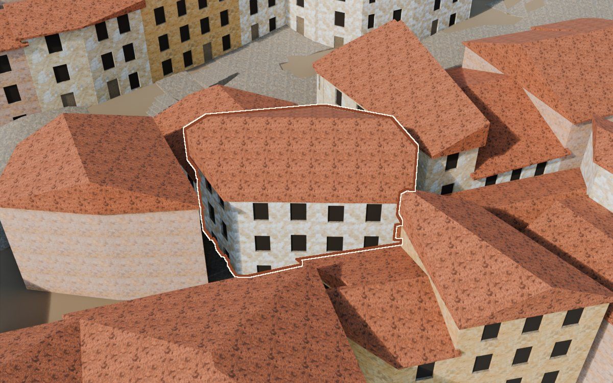 Casa de la Costereta del Forn a la reconstrucció 3D, vista des del seu carrer, amb el contorn marcat de color teula entre les cases del voltant