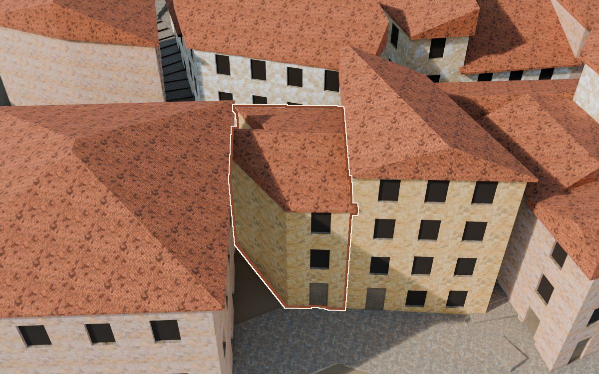 Casa de la Costereta del Forn a la reconstrucció 3D, vista des del costat on millor es veu, amb el contorn marcat de color teula entre les cases del voltant