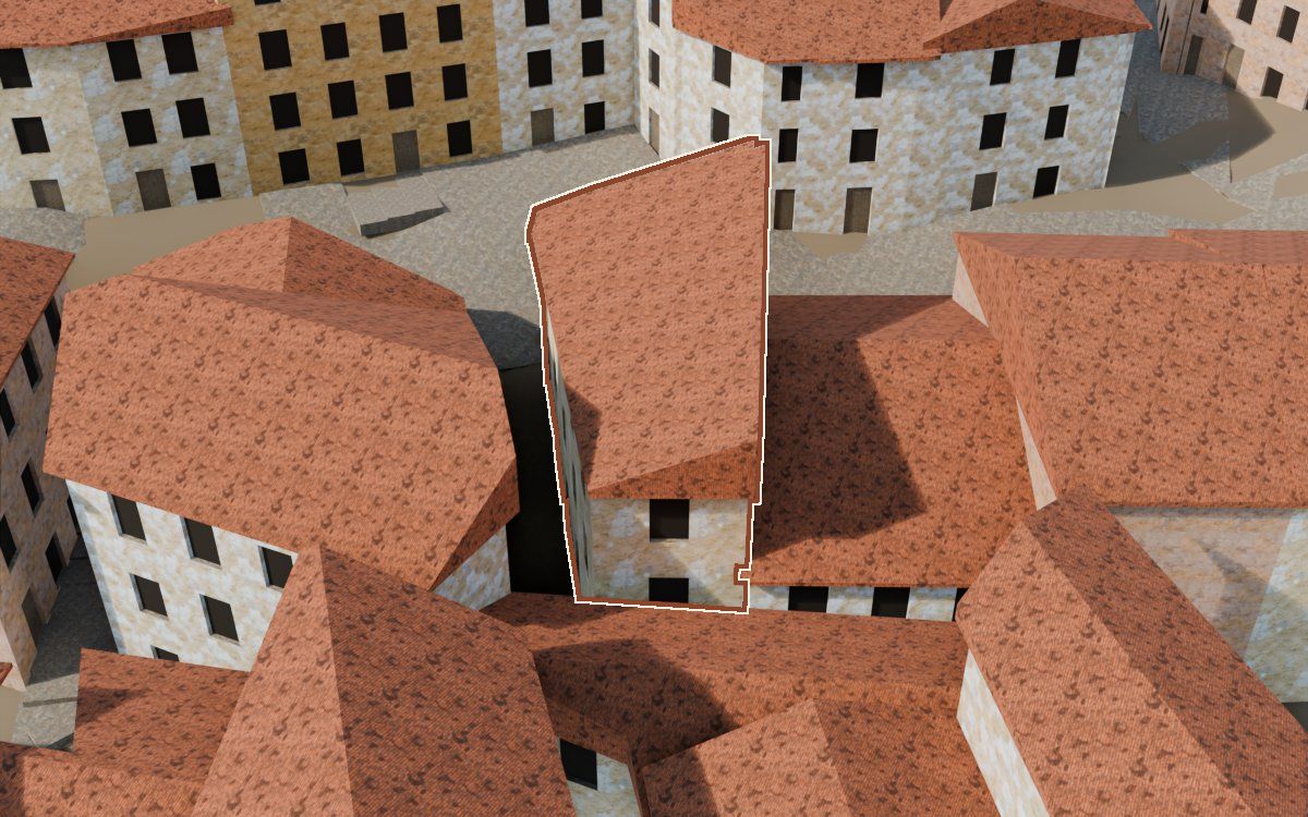 Casa del Carrer Saragossa a la reconstrucció 3D, vista des del seu carrer, amb el contorn marcat de color teula entre les cases del voltant