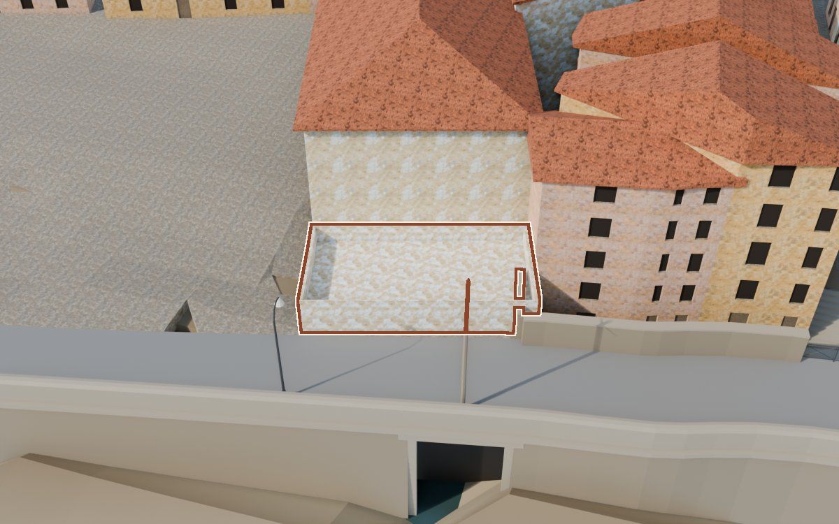 Edificio bajo con terraza a la reconstrucció 3D, vista des del seu carrer, amb el contorn marcat de color teula entre les cases del voltant
