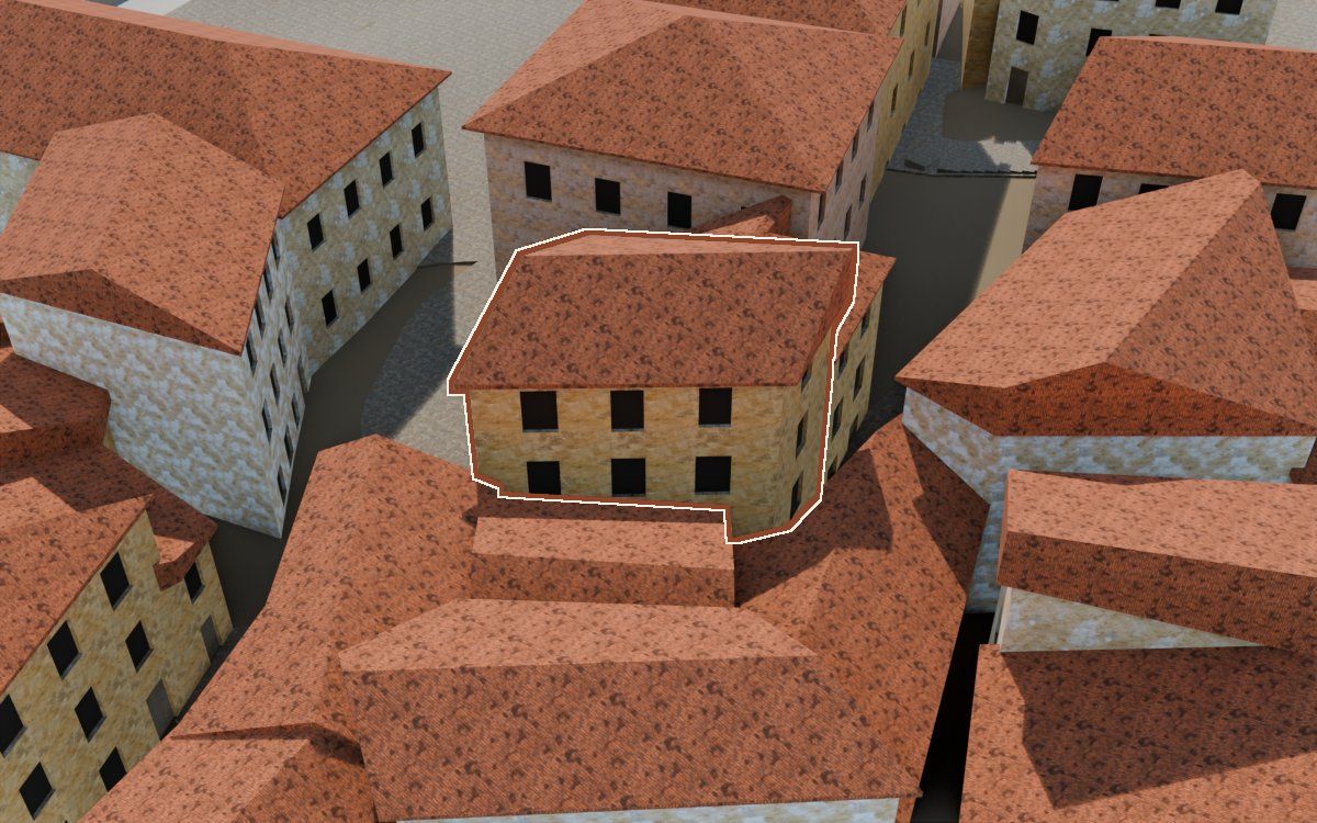 Casa de la Costereta del Forn a la reconstrucció 3D, vista des del seu carrer, amb el contorn marcat de color teula entre les cases del voltant