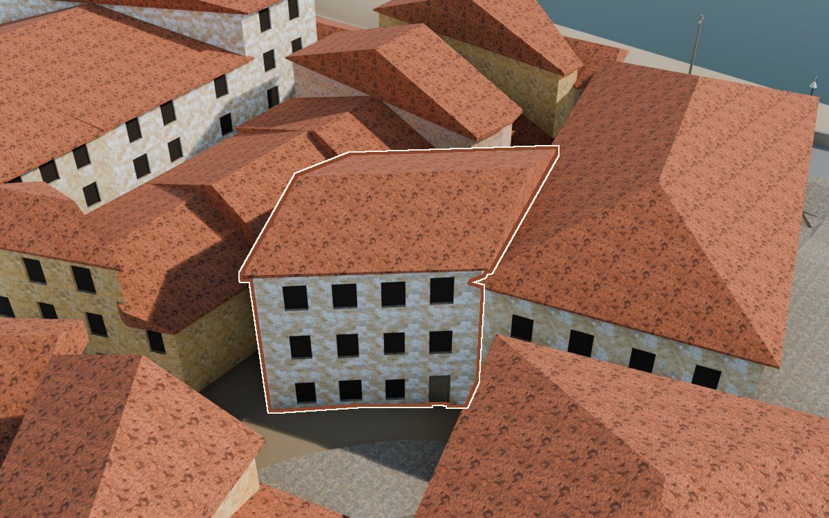 Edificio contiguo al caserón en la calle de la iglesia a la reconstrucció 3D, vista des del seu carrer, amb el contorn marcat de color teula entre les cases del voltant