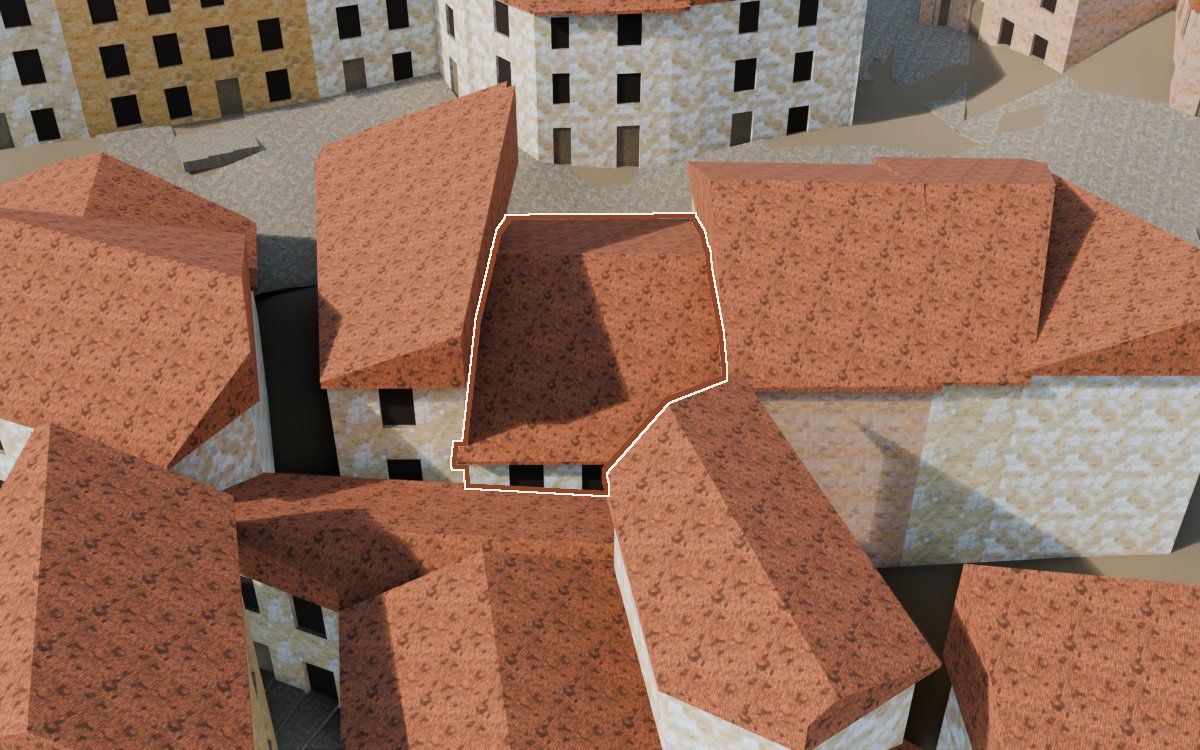 Casa de la Costereta del Forn a la reconstrucció 3D, vista des del seu carrer, amb el contorn marcat de color teula entre les cases del voltant