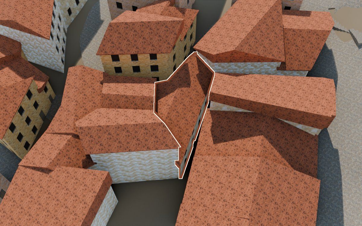 Casa de la Costereta del Forn a la reconstrucció 3D, vista des del costat on millor es veu, amb el contorn marcat de color teula entre les cases del voltant