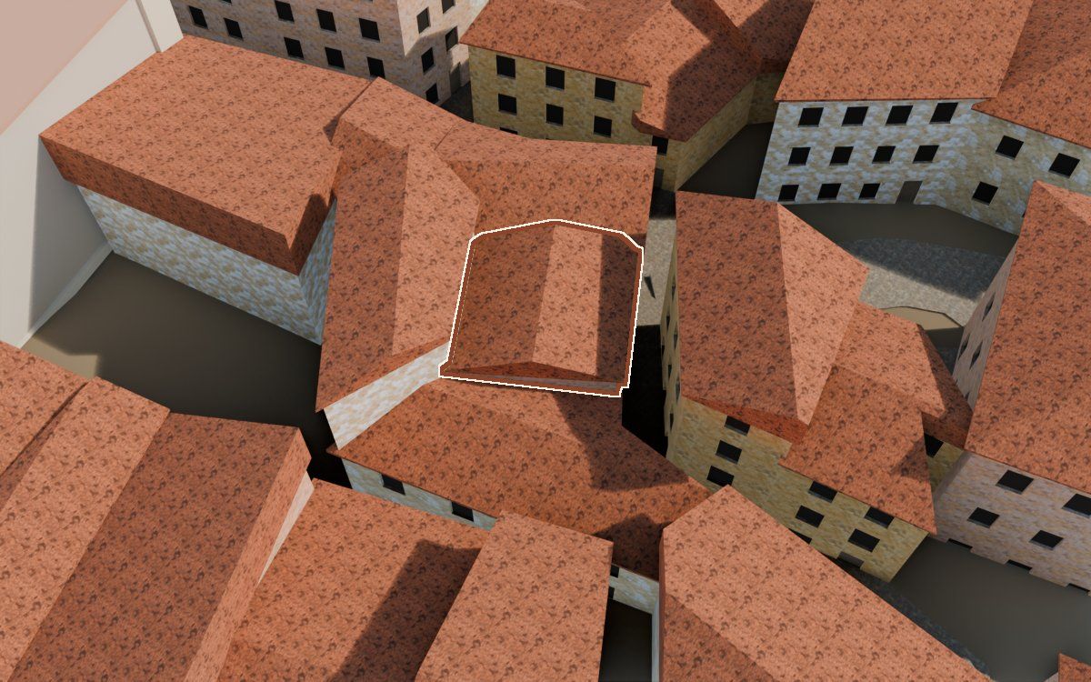 Casa de la Costereta del Forn a la reconstrucció 3D, vista des del costat on millor es veu, amb el contorn marcat de color teula entre les cases del voltant