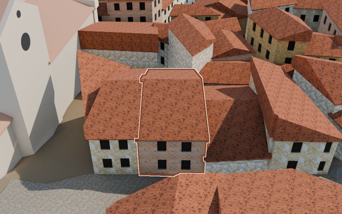Casa del Carrer Saragossa a la reconstrucció 3D, vista des del seu carrer, amb el contorn marcat de color teula entre les cases del voltant
