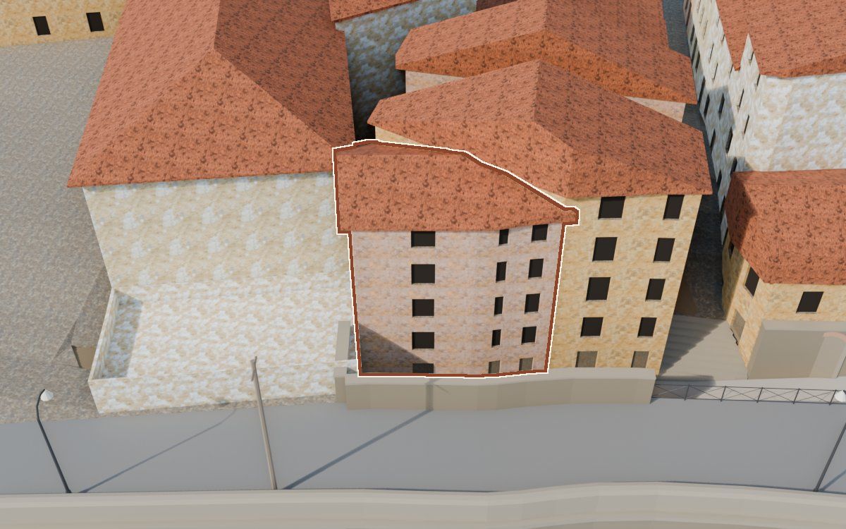 Casa de Lo Muro a la reconstrucció 3D, vista des del seu carrer, amb el contorn marcat de color teula entre les cases del voltant