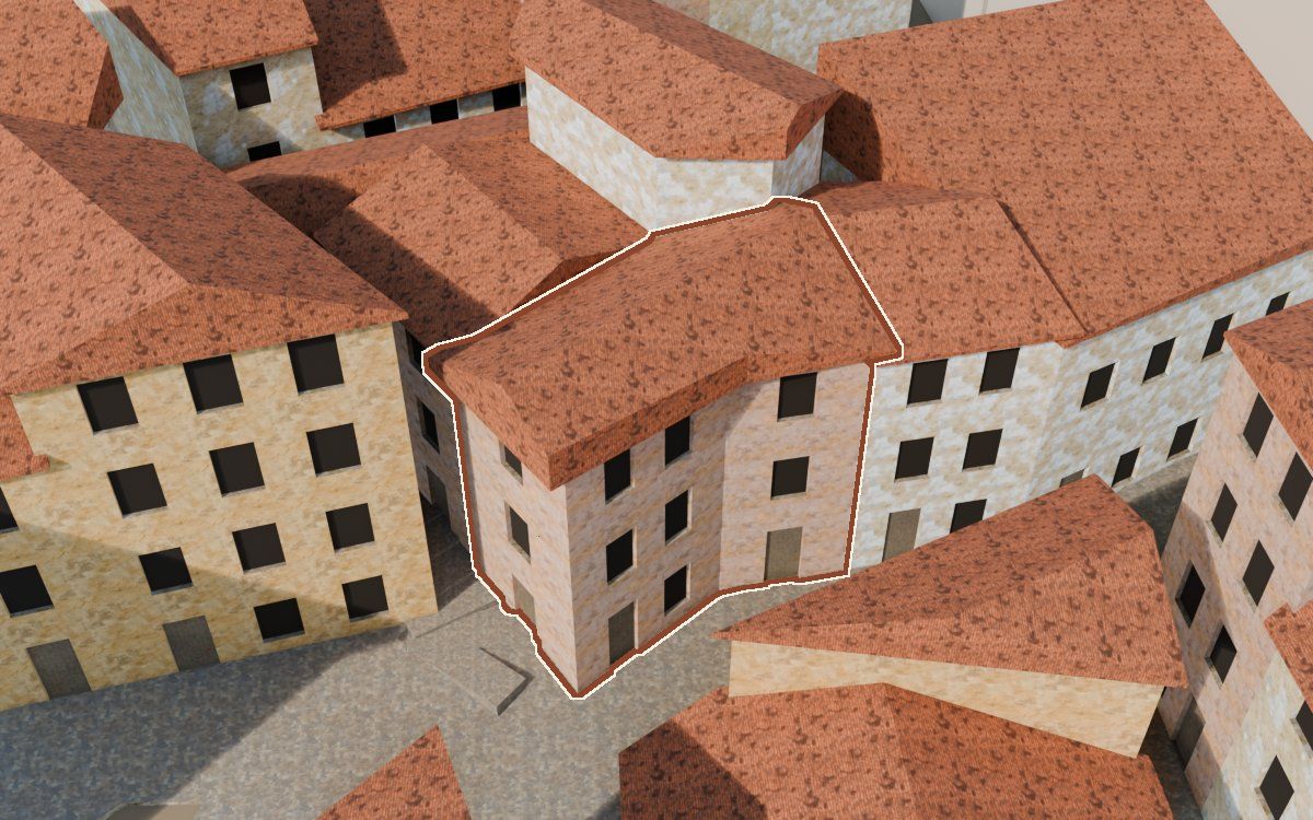 Casa del Carrer de la Iglésia a la reconstrucció 3D, vista des del costat on millor es veu, amb el contorn marcat de color teula entre les cases del voltant