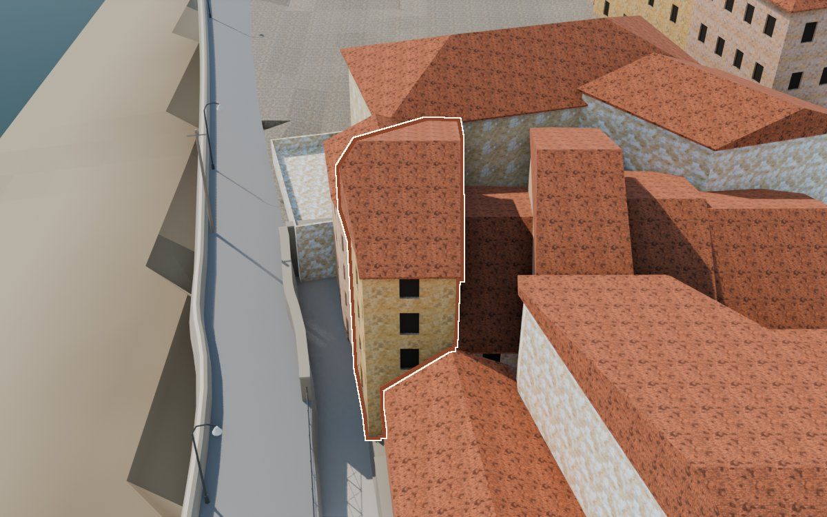 Casa de Lo Muro a la reconstrucció 3D, vista des del seu carrer, amb el contorn marcat de color teula entre les cases del voltant