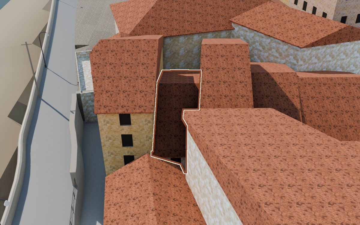 Casa del Carrer del Viudo a la reconstrucció 3D, vista des del seu carrer, amb el contorn marcat de color teula entre les cases del voltant