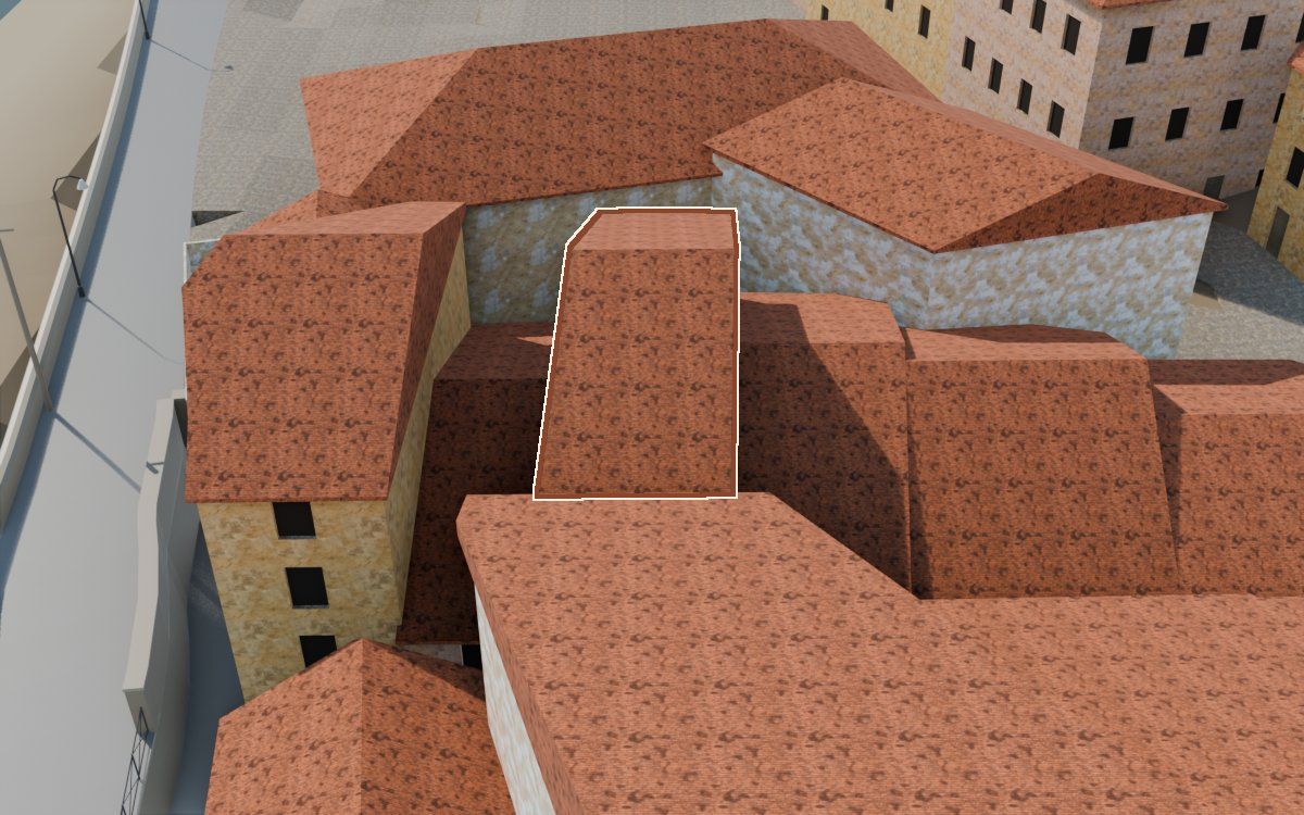 Casa del Carrer del Viudo a la reconstrucció 3D, vista des del seu carrer, amb el contorn marcat de color teula entre les cases del voltant