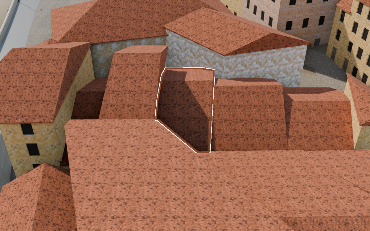 Casa del Carrer del Viudo a la reconstrucció 3D, vista des del seu carrer, amb el contorn marcat de color teula entre les cases del voltant
