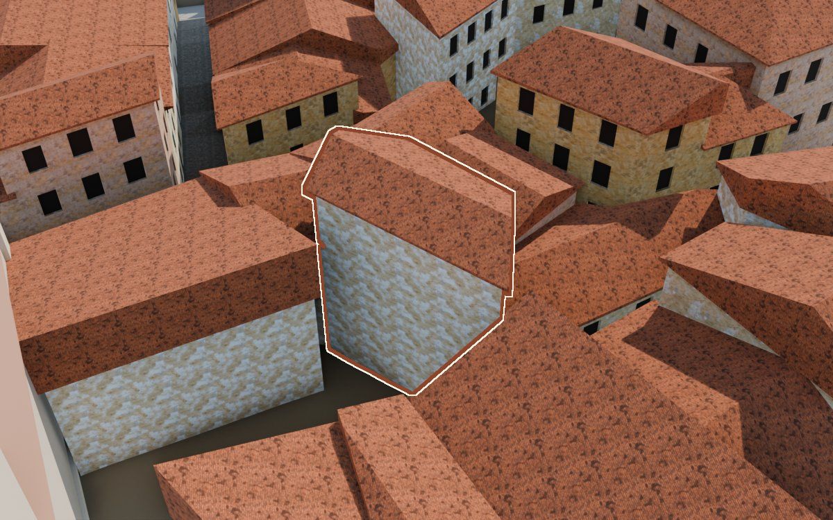 Casa cerca del Carrer de la Iglésia a la reconstrucció 3D, vista des del costat on millor es veu, amb el contorn marcat de color teula entre les cases del voltant