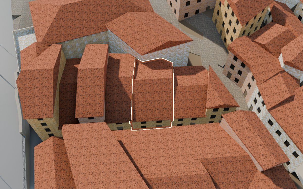 Casa del Carrer del Viudo a la reconstrucció 3D, vista des del costat on millor es veu, amb el contorn marcat de color teula entre les cases del voltant