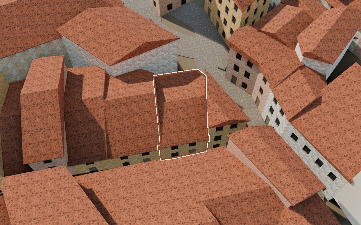 Casa del Carrer del Viudo a la reconstrucció 3D, vista des del costat on millor es veu, amb el contorn marcat de color teula entre les cases del voltant
