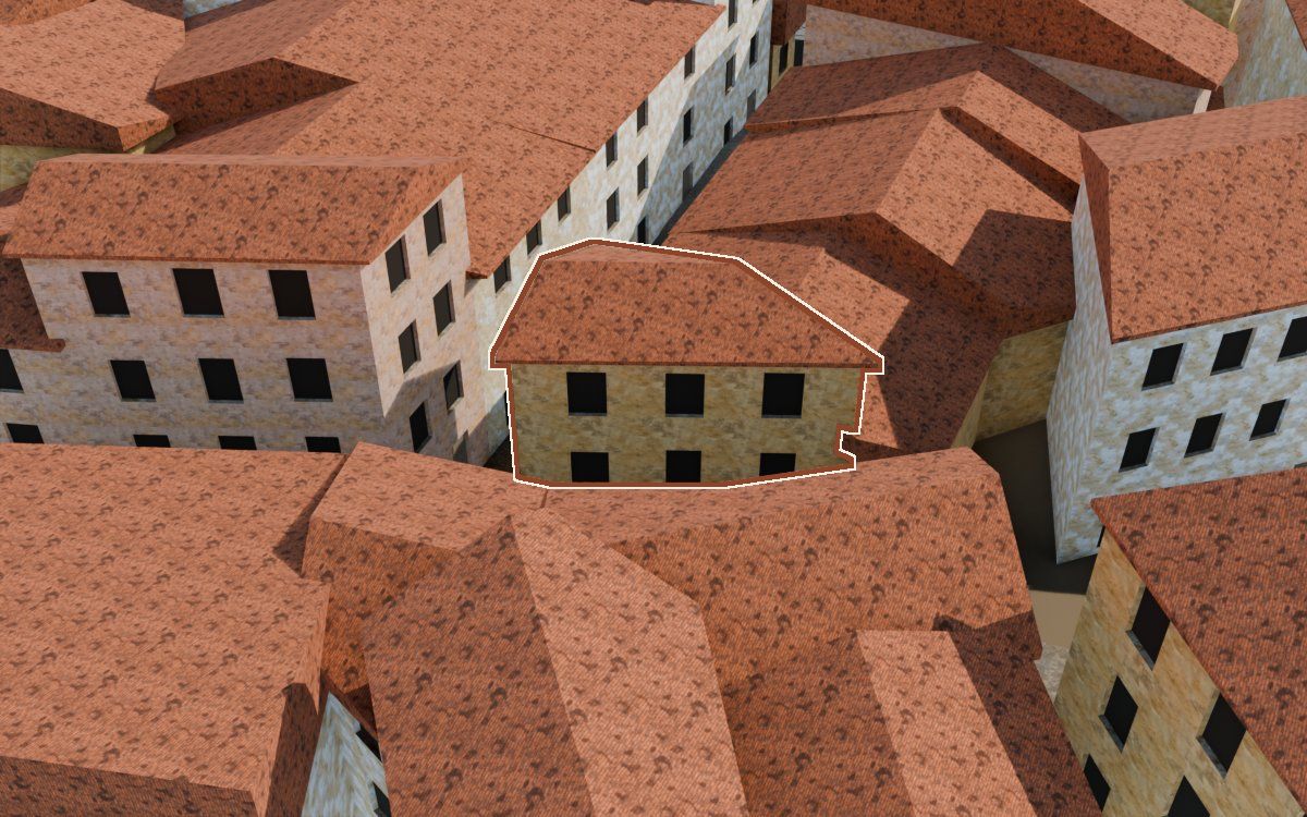 Casa del Carrer del Viudo a la reconstrucció 3D, vista des del seu carrer, amb el contorn marcat de color teula entre les cases del voltant