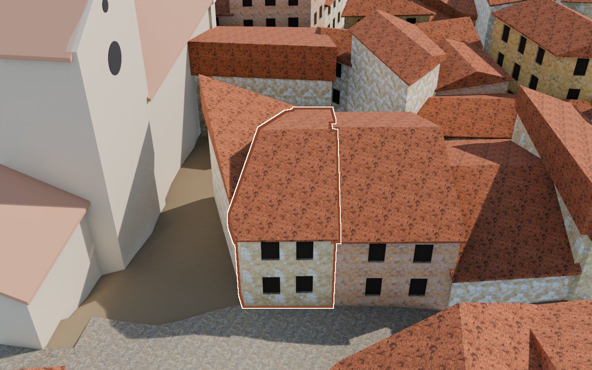 Casa del Carrer Saragossa a la reconstrucció 3D, vista des del seu carrer, amb el contorn marcat de color teula entre les cases del voltant