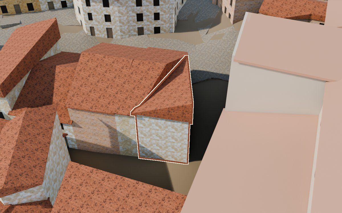Casa cerca del Carrer Saragossa a la reconstrucció 3D, vista des del costat on millor es veu, amb el contorn marcat de color teula entre les cases del voltant