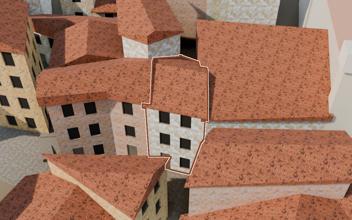 Casa del Carrer de la Iglésia a la reconstrucció 3D, vista des del costat on millor es veu, amb el contorn marcat de color teula entre les cases del voltant