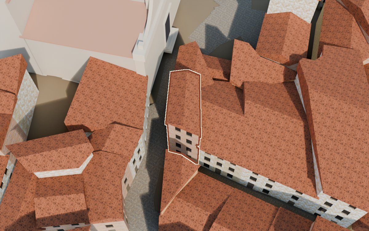 Casa del Carrer de la Iglésia a la reconstrucció 3D, vista des del costat on millor es veu, amb el contorn marcat de color teula entre les cases del voltant