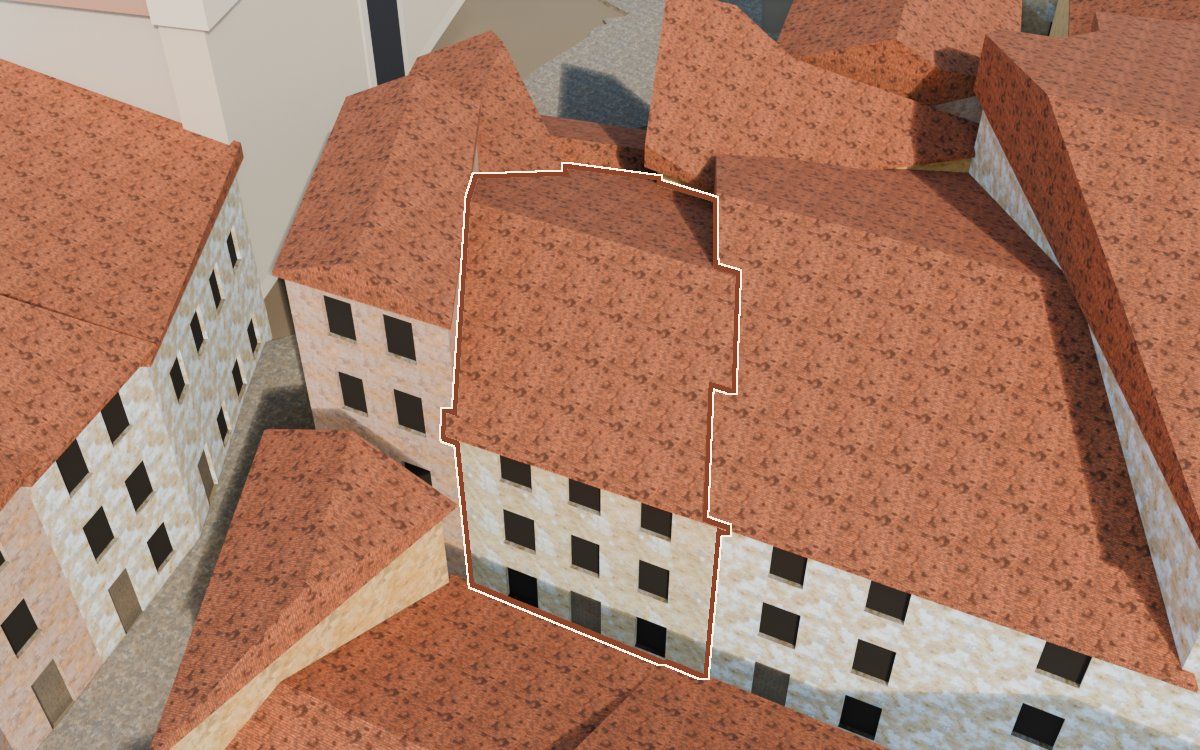 Casa del Carrer del Viudo a la reconstrucció 3D, vista des del costat on millor es veu, amb el contorn marcat de color teula entre les cases del voltant