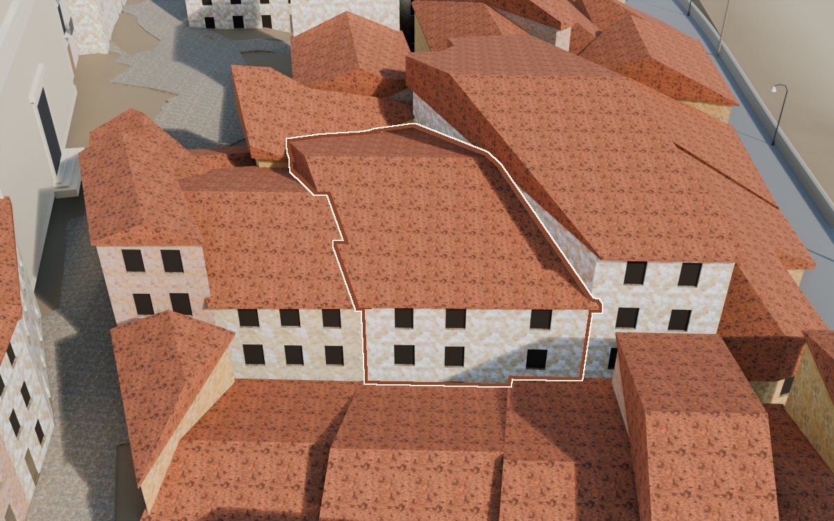 Casa del Carrer del Viudo a la reconstrucció 3D, vista des del seu carrer, amb el contorn marcat de color teula entre les cases del voltant