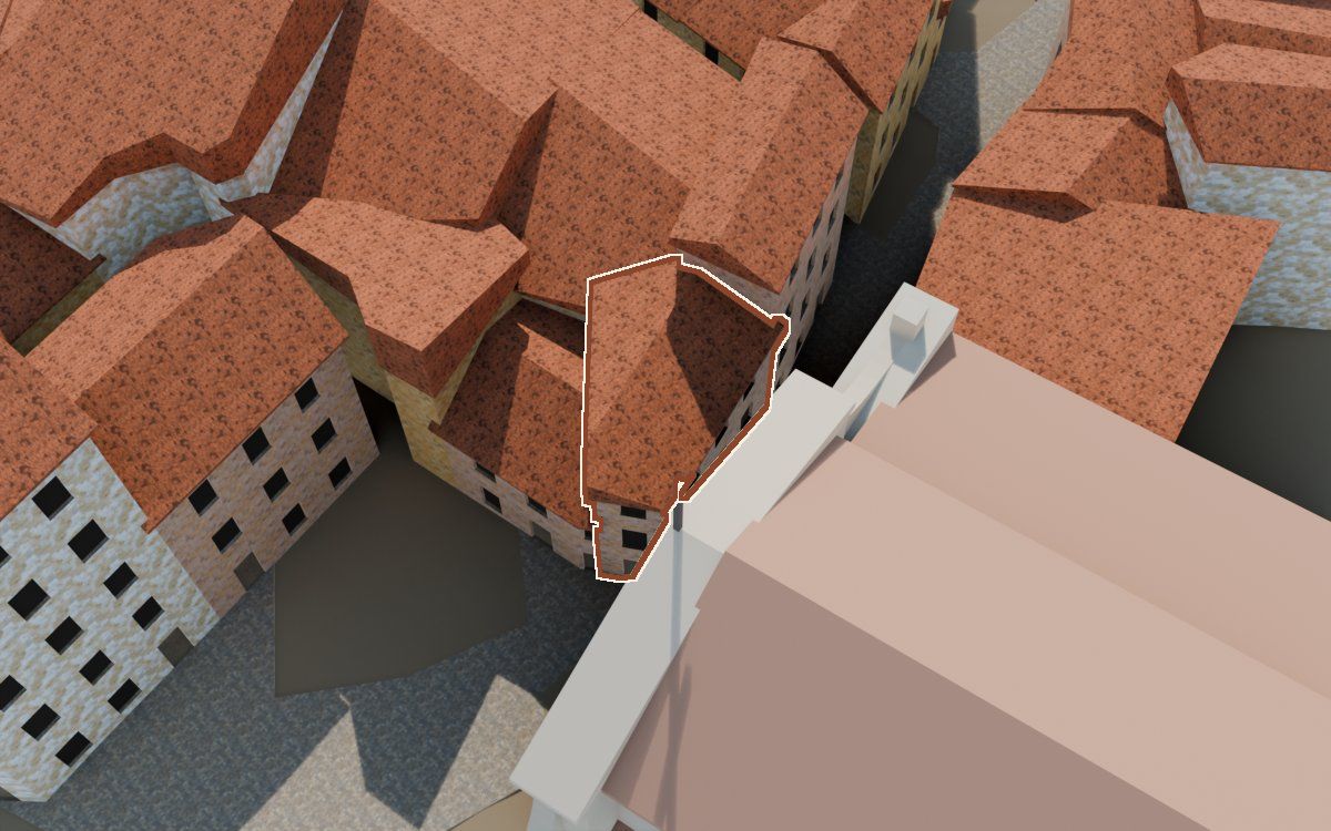Casa de la Peluquería de señoras a la reconstrucció 3D, vista des del costat on millor es veu, amb el contorn marcat de color teula entre les cases del voltant