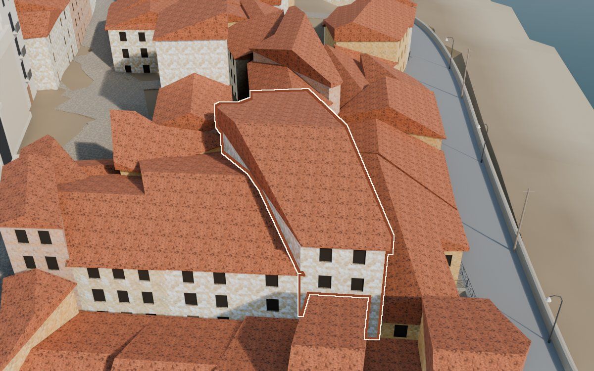Casa del Carrer del Viudo a la reconstrucció 3D, vista des del seu carrer, amb el contorn marcat de color teula entre les cases del voltant