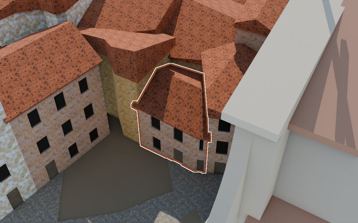 Casa de la Placeta Missa a la reconstrucció 3D, vista des del costat on millor es veu, amb el contorn marcat de color teula entre les cases del voltant