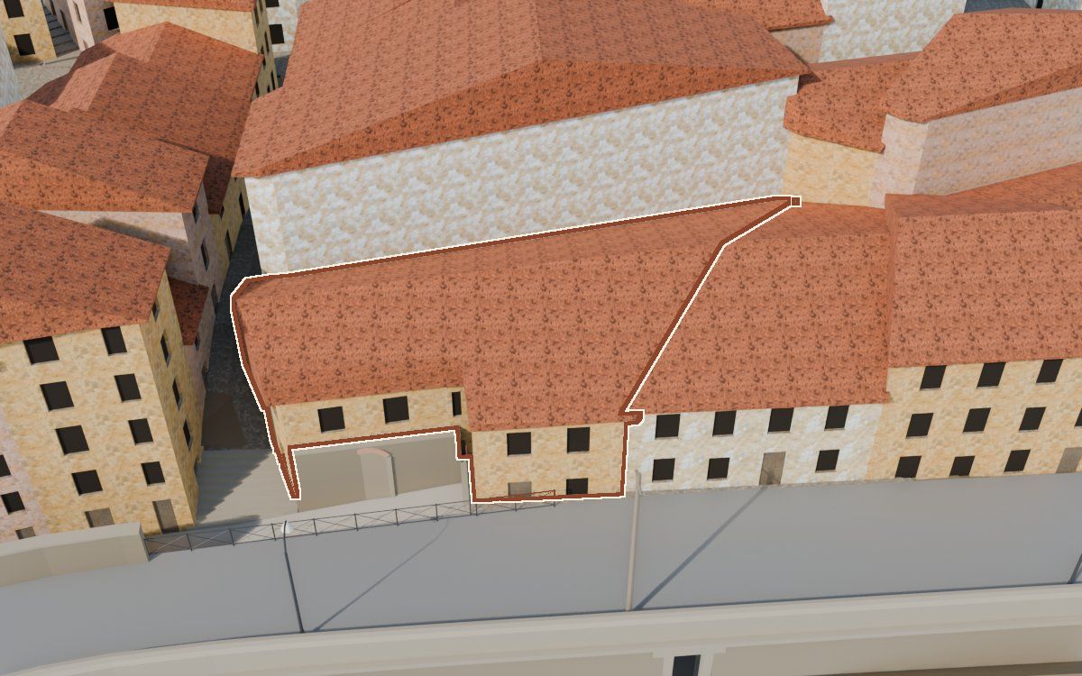 Casa de Lo Muro a la reconstrucció 3D, vista des del seu carrer, amb el contorn marcat de color teula entre les cases del voltant