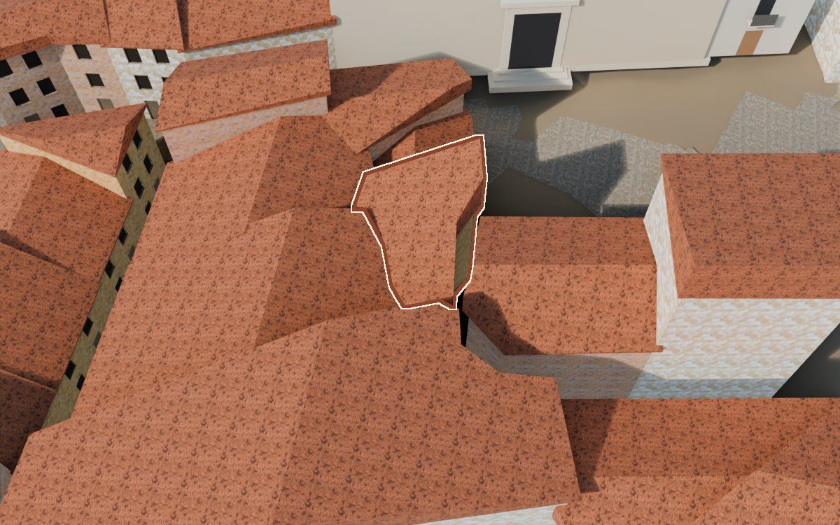 Casa cerca de la Placeta Missa a la reconstrucció 3D, vista des del costat on millor es veu, amb el contorn marcat de color teula entre les cases del voltant